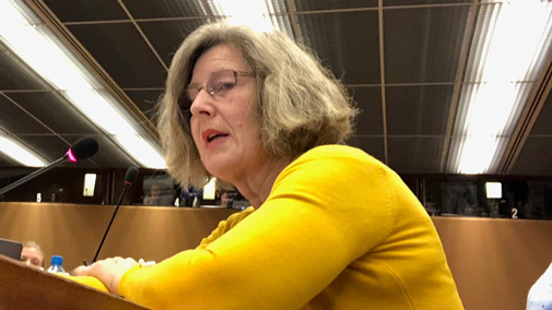 A woman speaking into a microphone