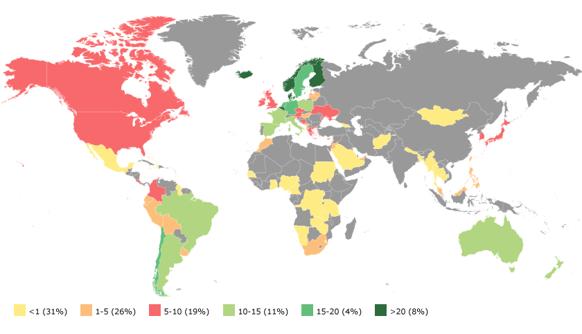 Map showing practicing physical therapists per 10,000 population