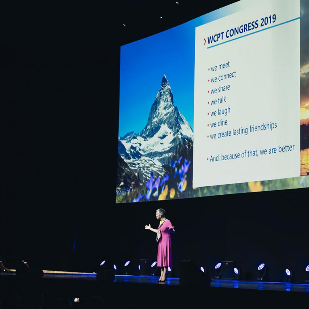 WCPT President Emma Stokes on stage at Congress 2019