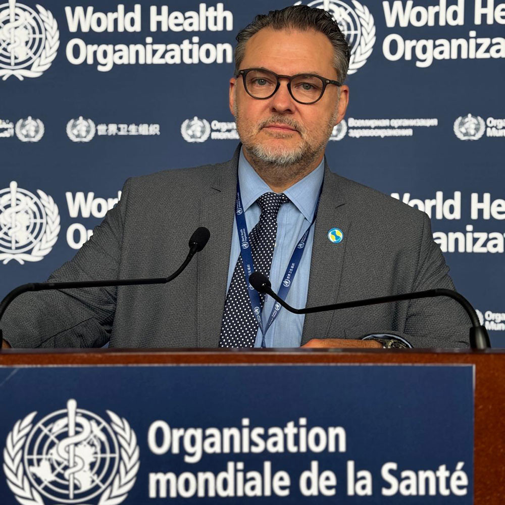Mike Landry, World Physiotherapy president, speaking at the WHA79