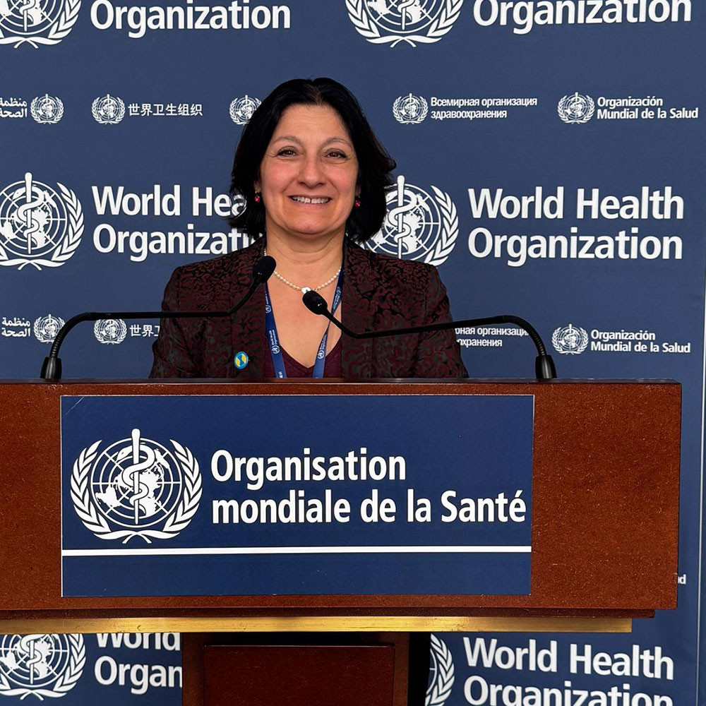 Pascale Mathieu, president of the French National Council of Physiotherapists, speaking at WHA79