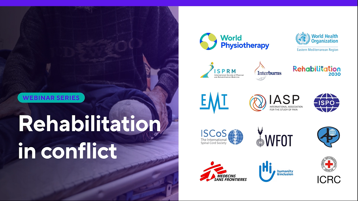 Graphic that has a variety of partner logos on right hand side and the words "webinar series - rehabilitation in conflict" on the left.